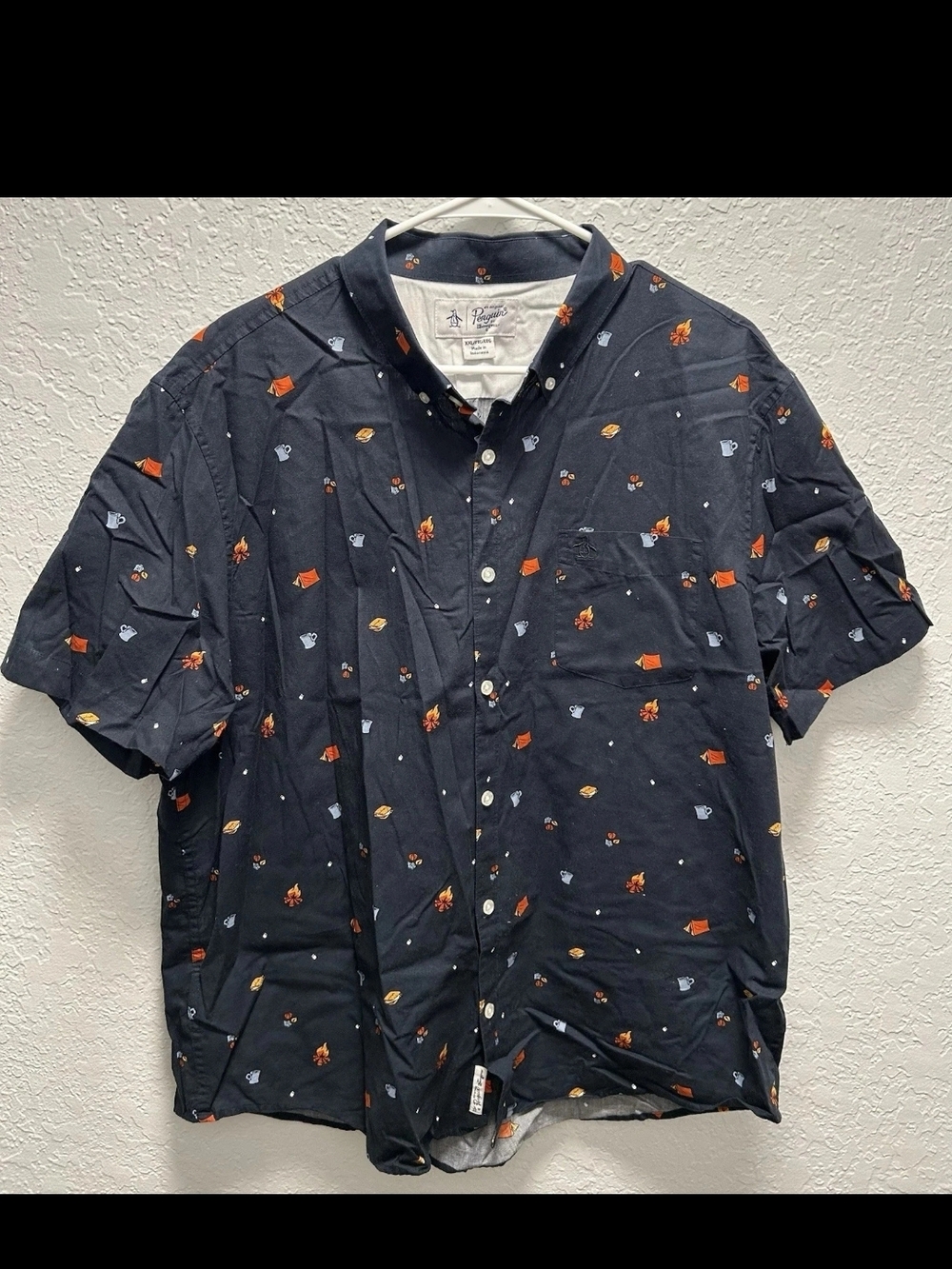 Original Penguin Button Up Shirt XXL Black Novelty Print Camp Casual